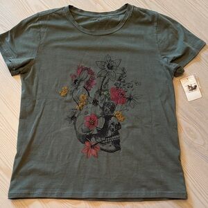 Lucky Brand Olive Floral Skull Tee